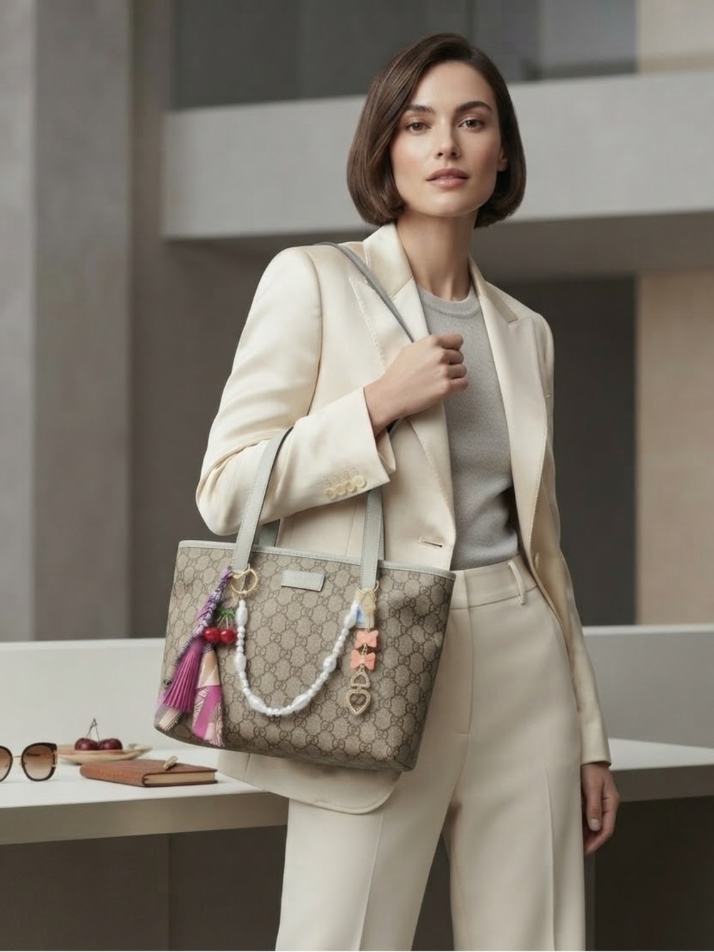 Gucci Beige GG Supreme Canvas Tote with Pink Tassel & Pearl Charm